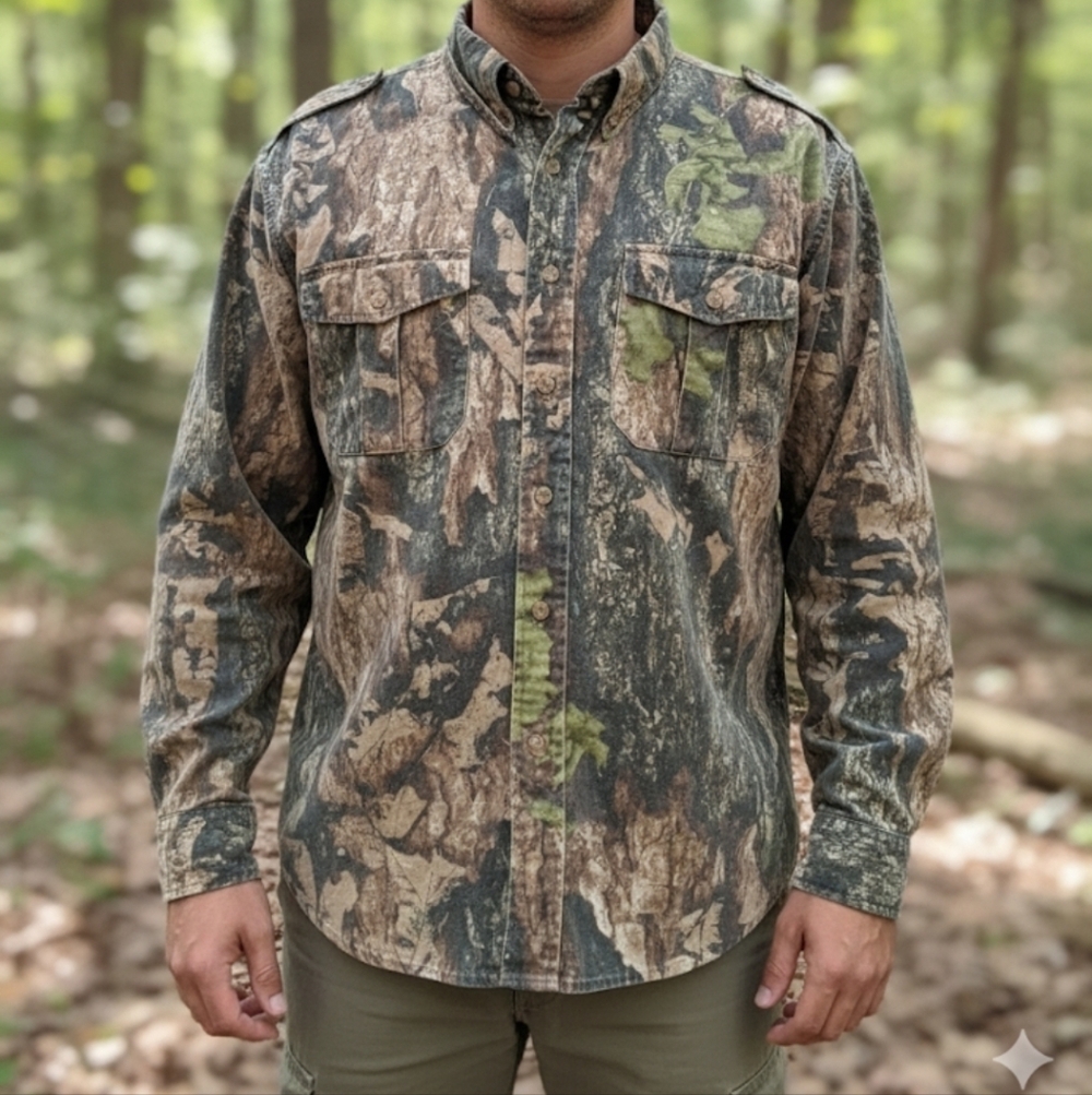 Vtg GHOST CAMO Mens XL Hunting Long Sleeve Heavyweight Shirt Button Up Bushcore
